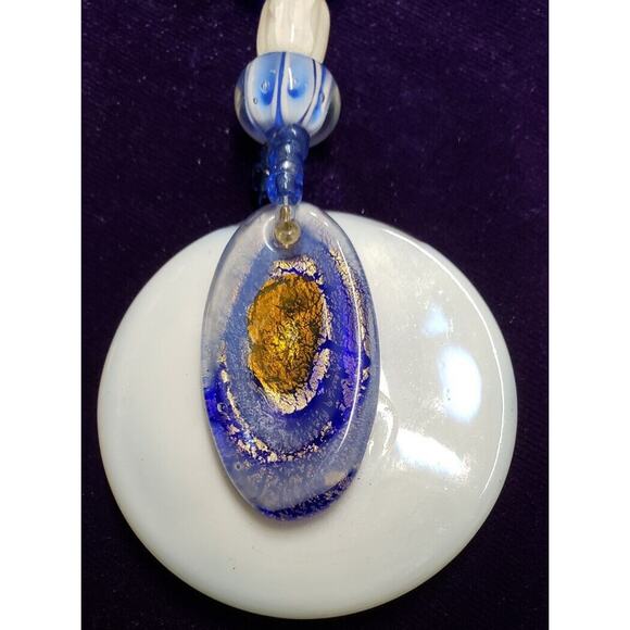 Glass Bead Necklace And Pendant, Blue, White, and Brown, Millefiori, Quartz - Picture 8 of 12